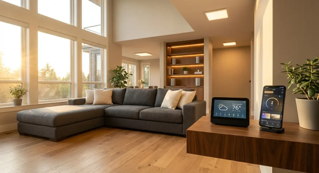Modern living room with smart home devices including hub, smartphone app, and connected lighting