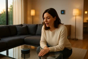 Woman using voice assistant smart home devices in modern living room with connected ecosystem