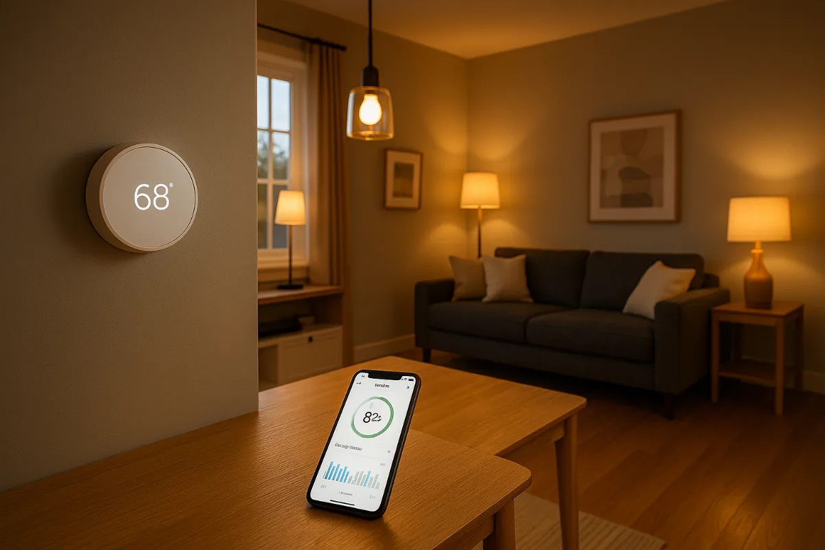Modern living room with smart thermostat, LED bulbs, and energy monitoring app showing 30% savings