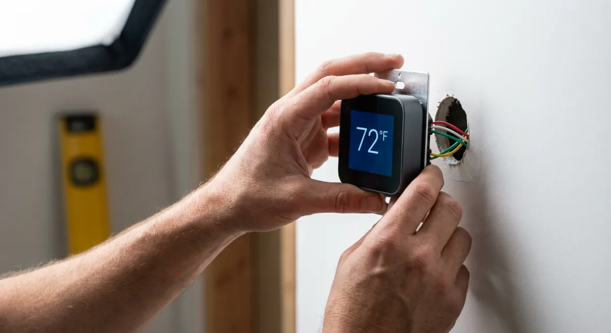 Close-up of hands installing smart thermostat on wall showing touchscreen interface