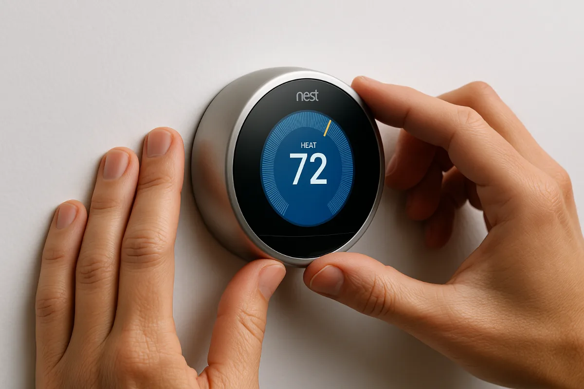 Close-up of hands adjusting smart thermostat showing temperature display and interface