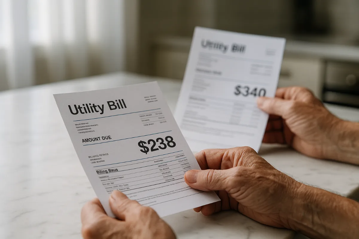 Hands comparing two electricity bills showing reduction from $340 to $238