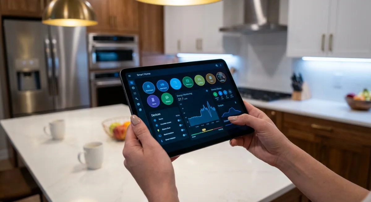 Person using tablet to control smart home dashboard in modern kitchen setting