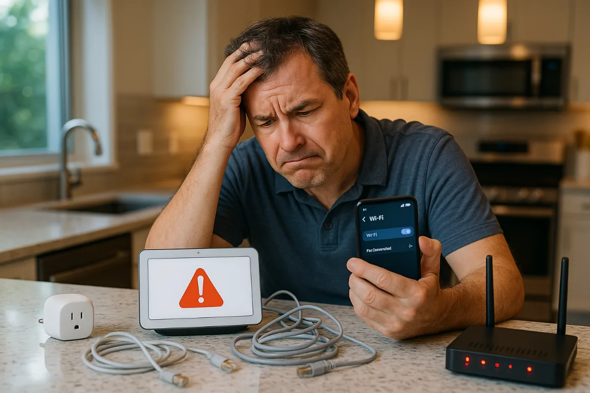 Man troubleshooting smart home device connectivity issues with multiple gadgets on kitchen counter