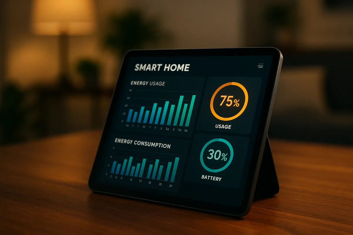 Smart home control tablet displaying energy usage analytics with 30% savings highlighted