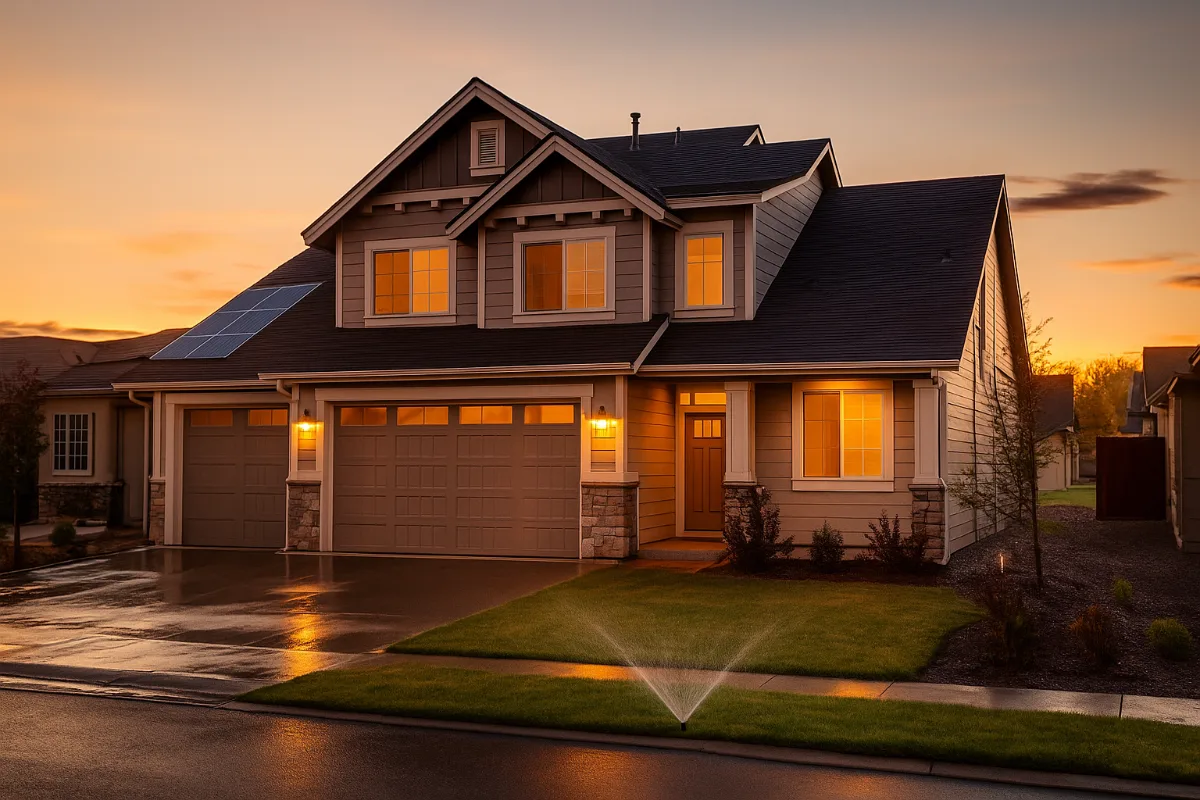 Suburban home exterior at sunset showing smart LED lighting and energy-efficient features