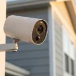 Modern wireless smart security camera with AI detection mounted on home exterior