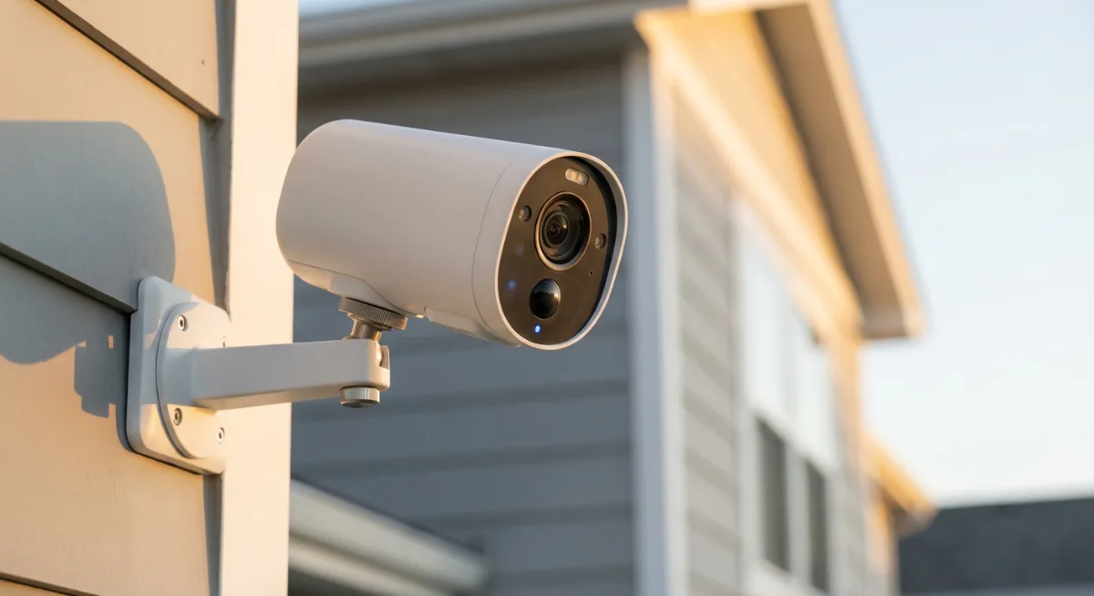Modern wireless smart security camera with AI detection mounted on home exterior