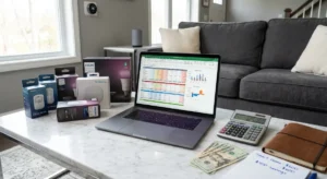 Person planning smart home budget with laptop, calculator, and smart devices on coffee table