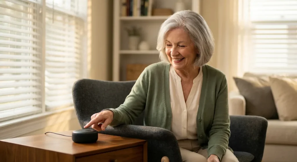 Elderly woman successfully using Amazon Echo Dot smart speaker at home