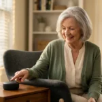 Elderly woman successfully using Amazon Echo Dot smart speaker at home