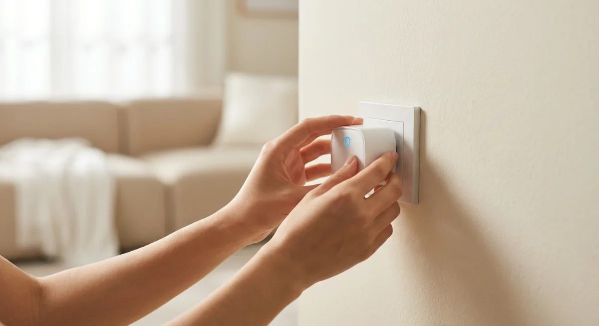 Person's hands plugging white smart plug into wall outlet showing simple 2-minute setup process