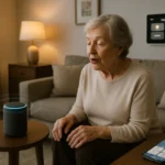 Elderly woman using voice-controlled smart home devices in modern living room with accessibility features