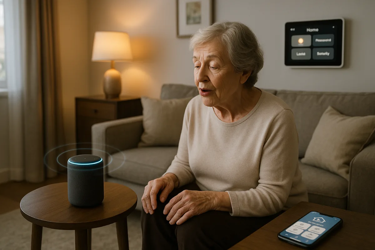 Elderly woman using voice-controlled smart home devices in modern living room with accessibility features