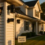 Modern suburban home with multiple security cameras mounted on exterior walls and eaves