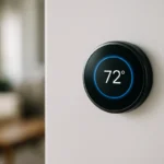 Modern smart thermostat displaying temperature on white wall in contemporary home