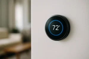 Modern smart thermostat displaying temperature on white wall in contemporary home