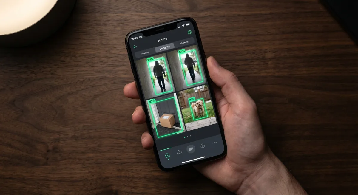 Smartphone displaying security camera app with AI detection alerts and notifications