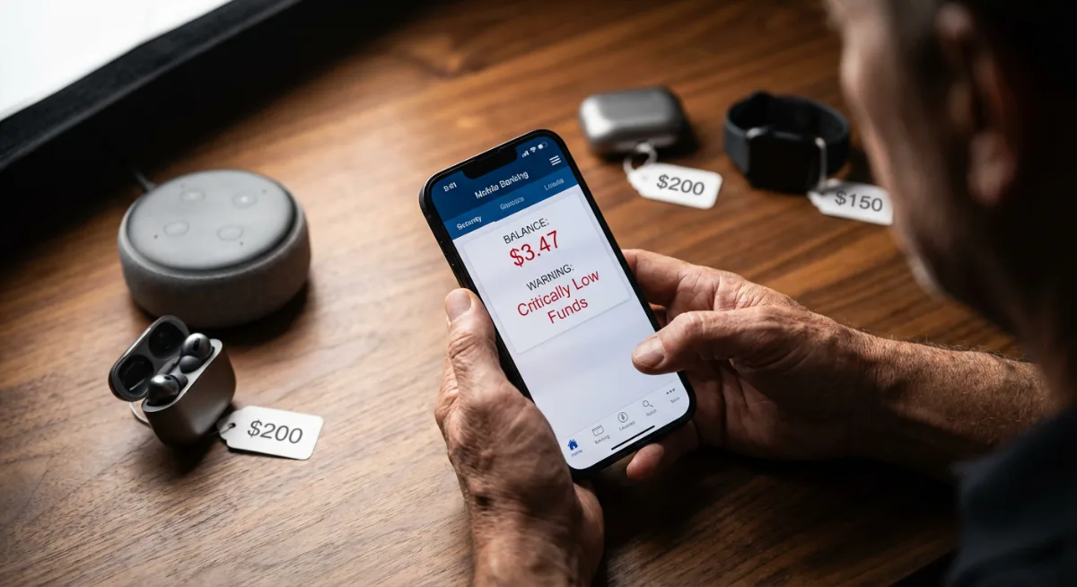 Smartphone showing low bank balance surrounded by expensive smart home devices with price tags
