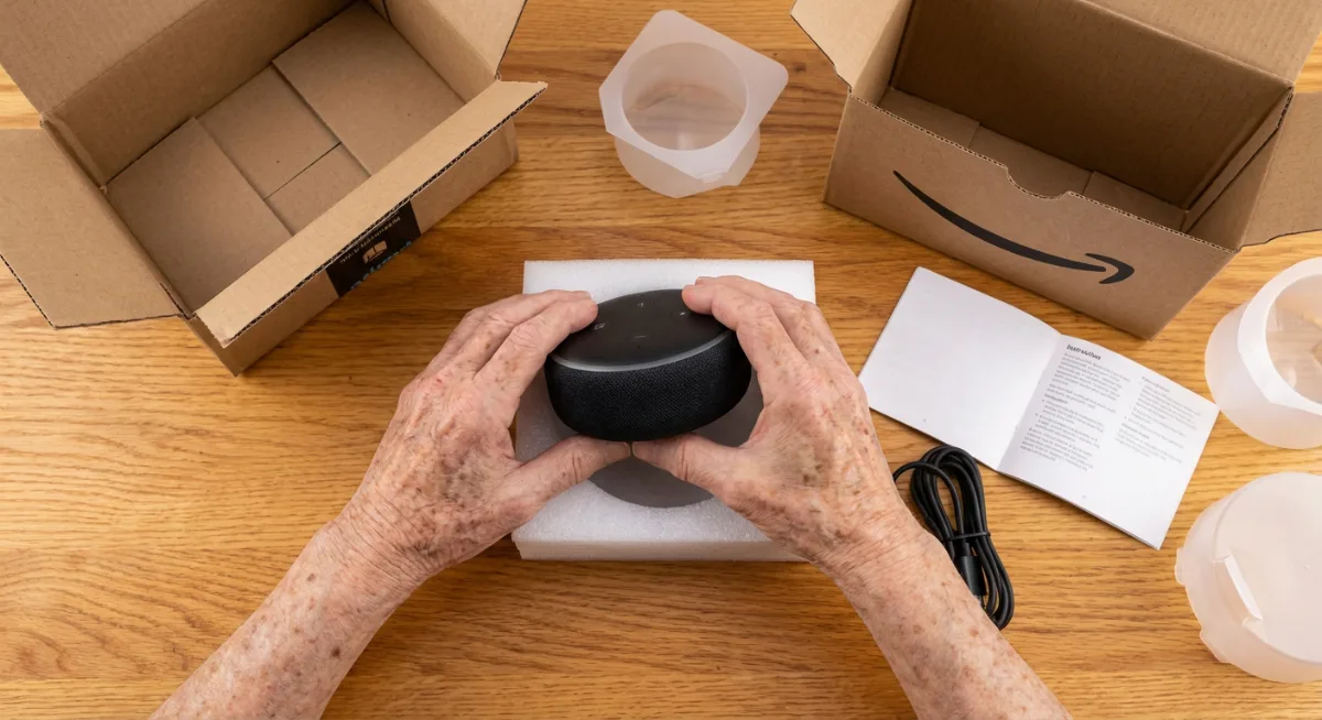 Elderly hands unboxing new Amazon Echo Dot with instruction manual on table