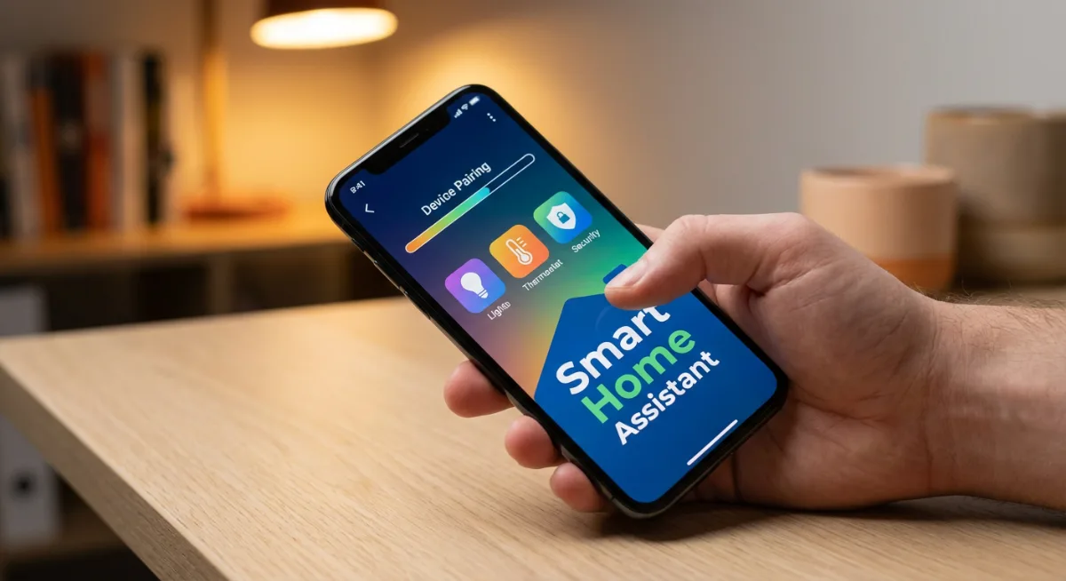 Smartphone displaying user-friendly smart plug setup app interface with simple installation steps