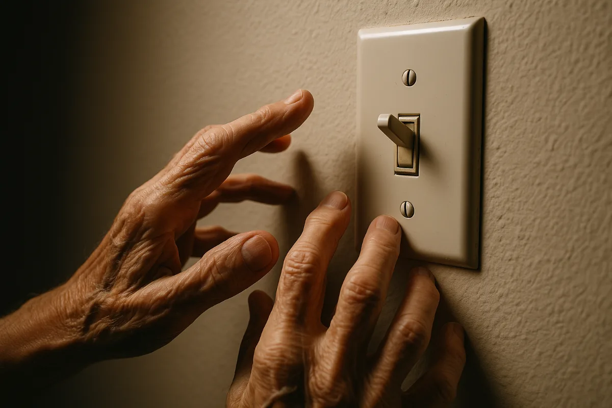 Close-up of hands with Parkinson's tremors reaching for traditional light switch showing accessibility challenges