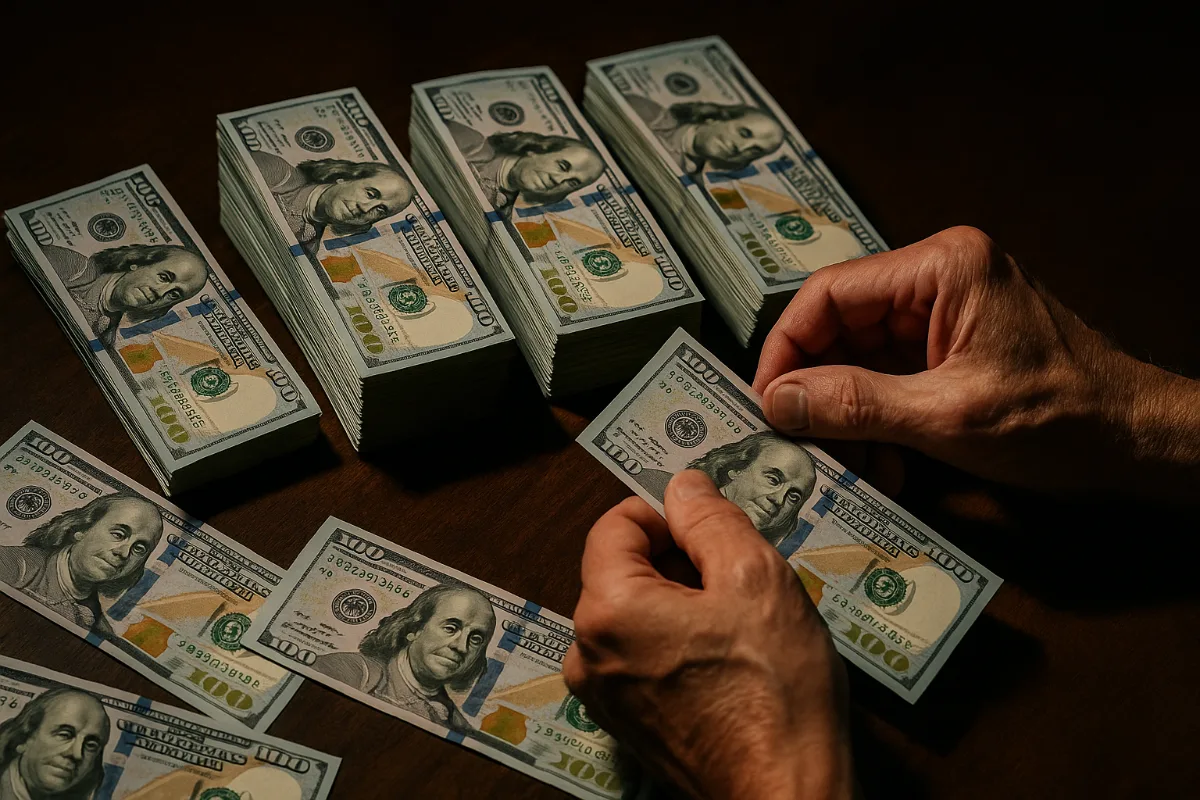 Hands counting hundred dollar bills representing money spent on security cameras