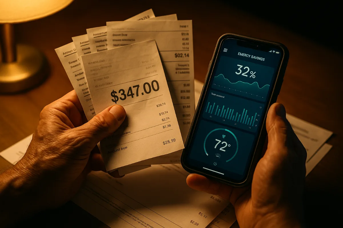 Person reviewing utility bills and smart thermostat energy savings on smartphone