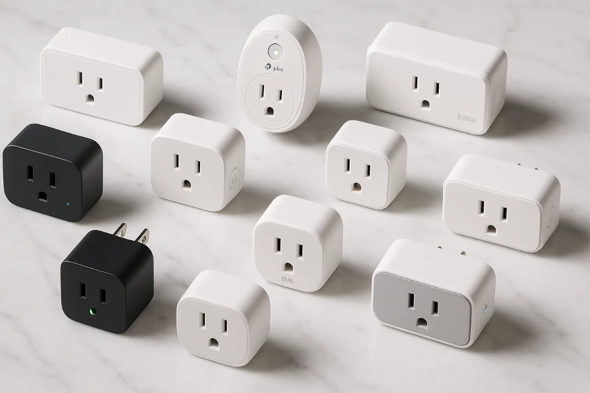 Collection of top-rated smart plugs for holiday lights arranged for product comparison