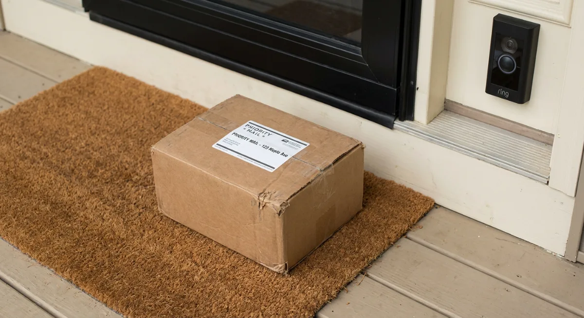 Package delivery on doorstep with wireless security camera monitoring the scene