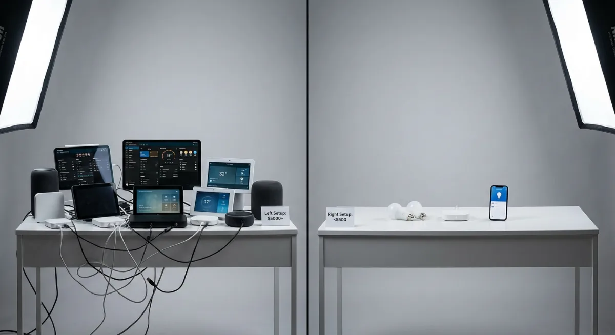 Split comparison showing expensive cluttered smart home setup versus affordable minimalist smart home setup