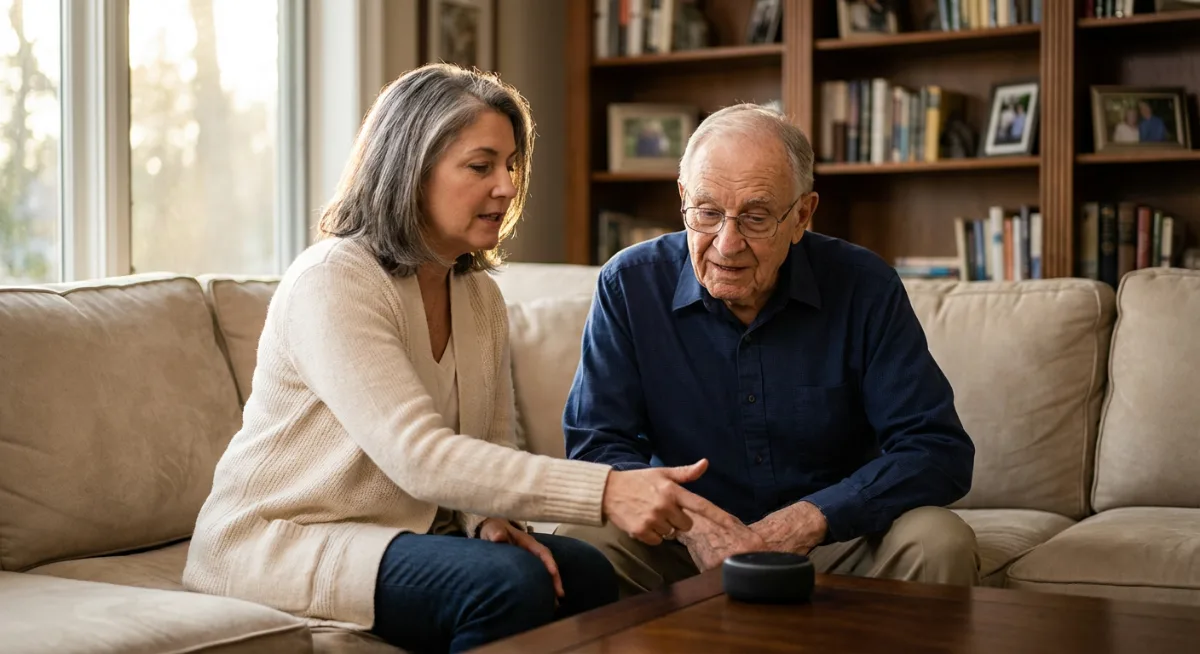 Adult daughter teaching elderly father how to use Amazon Echo smart speaker
