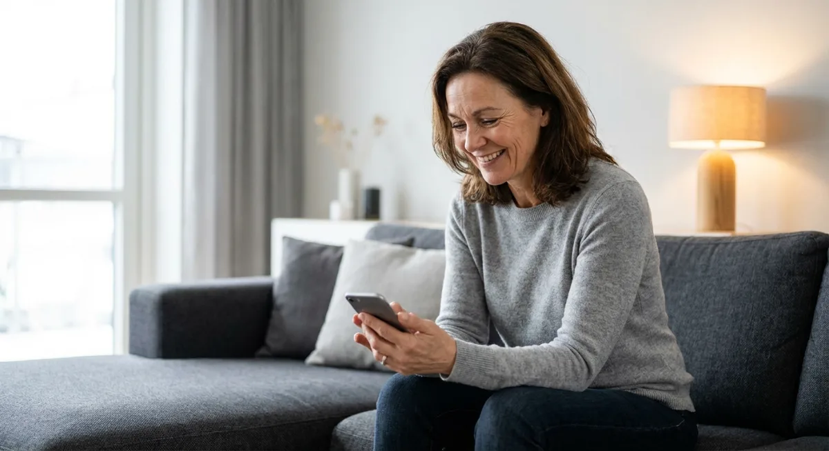 Happy person controlling smart plug connected lamp with smartphone app showing successful easy setup