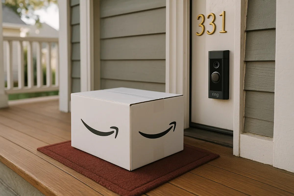 Amazon package on porch next to doorbell security camera