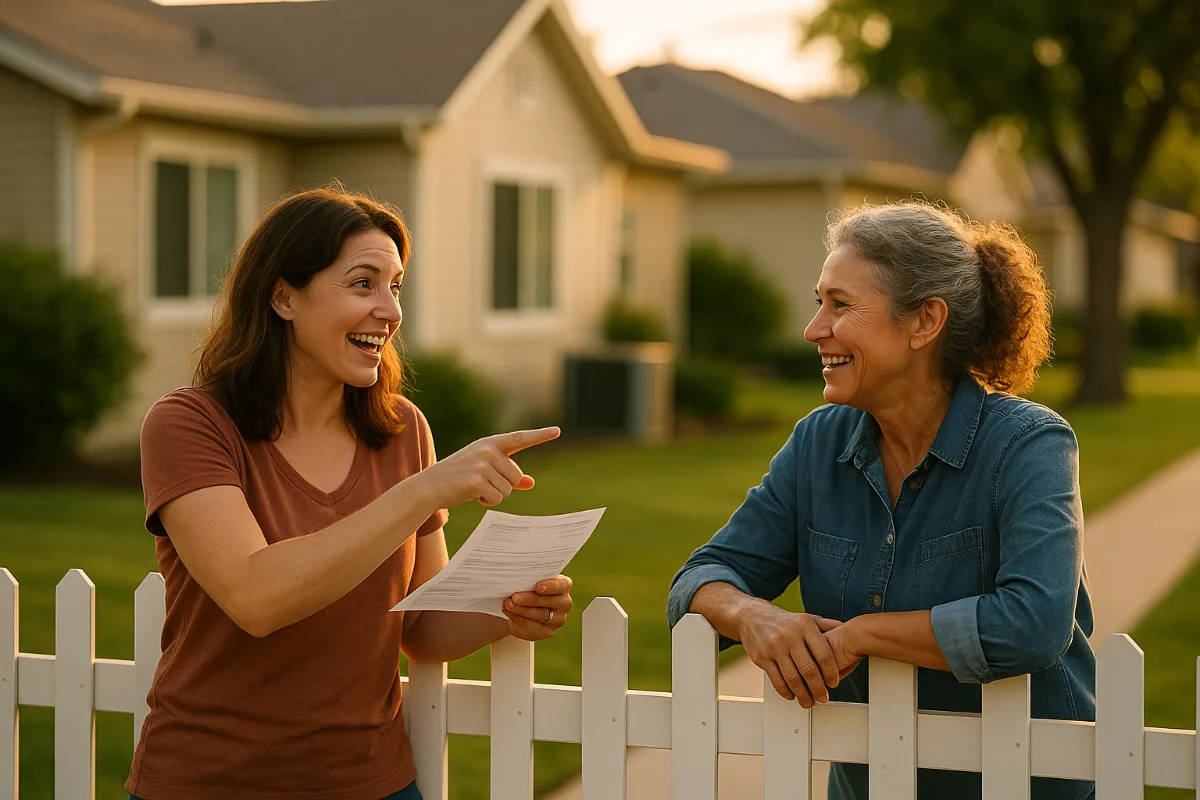 Two female neighbors discussing energy savings and smart home technology over backyard fence