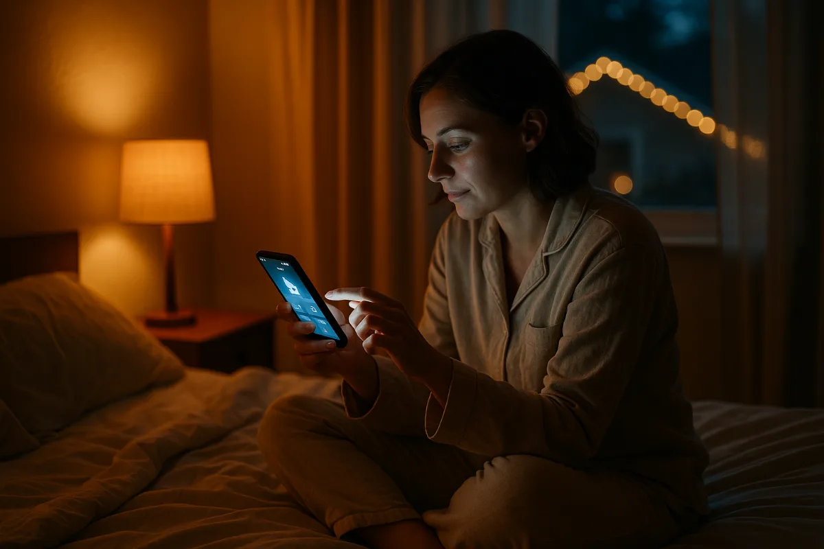 Person controlling holiday lights remotely using smart plug app from bedroom