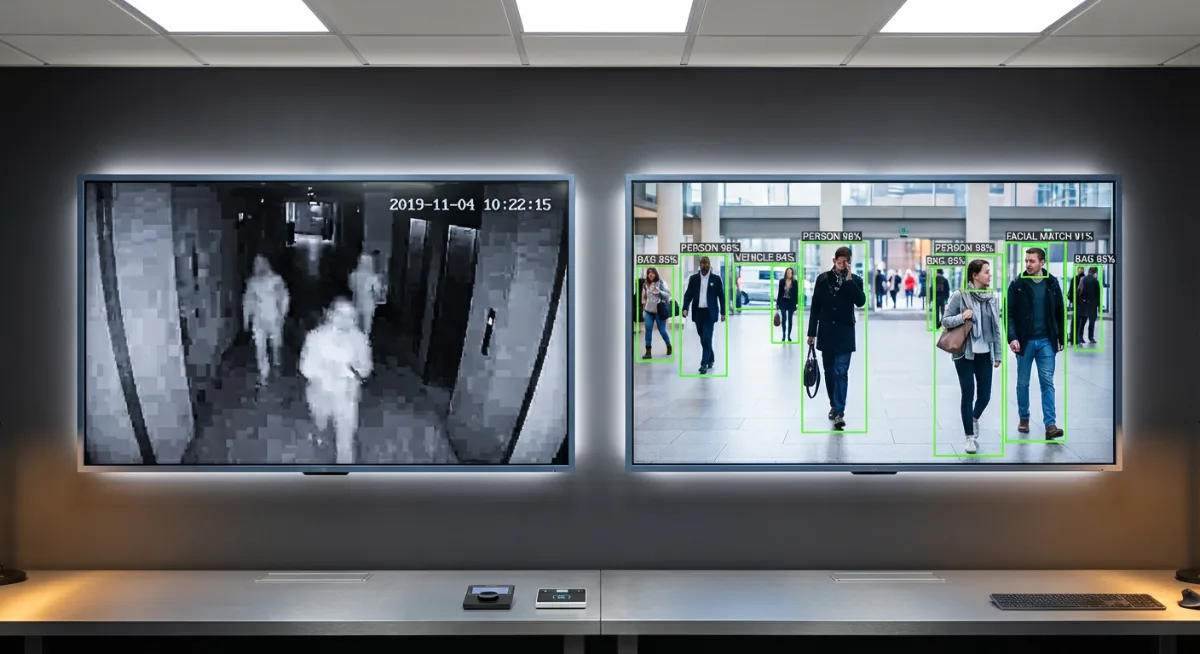 Side-by-side comparison of old grainy security footage versus modern 4K AI-enhanced camera feed