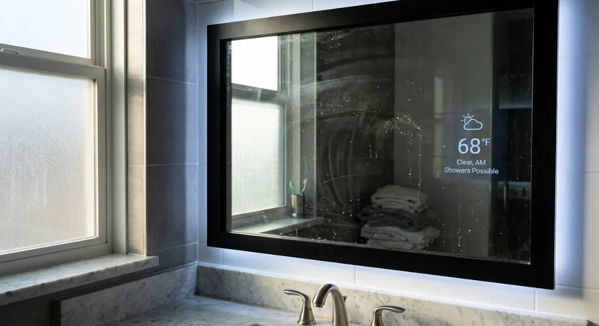 Expensive smart mirror covered in dust displaying weather while sitting unused in bathroom corner
