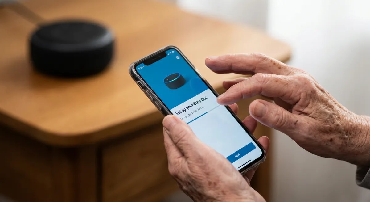 Elderly hands holding smartphone with Amazon Alexa app during Echo setup process