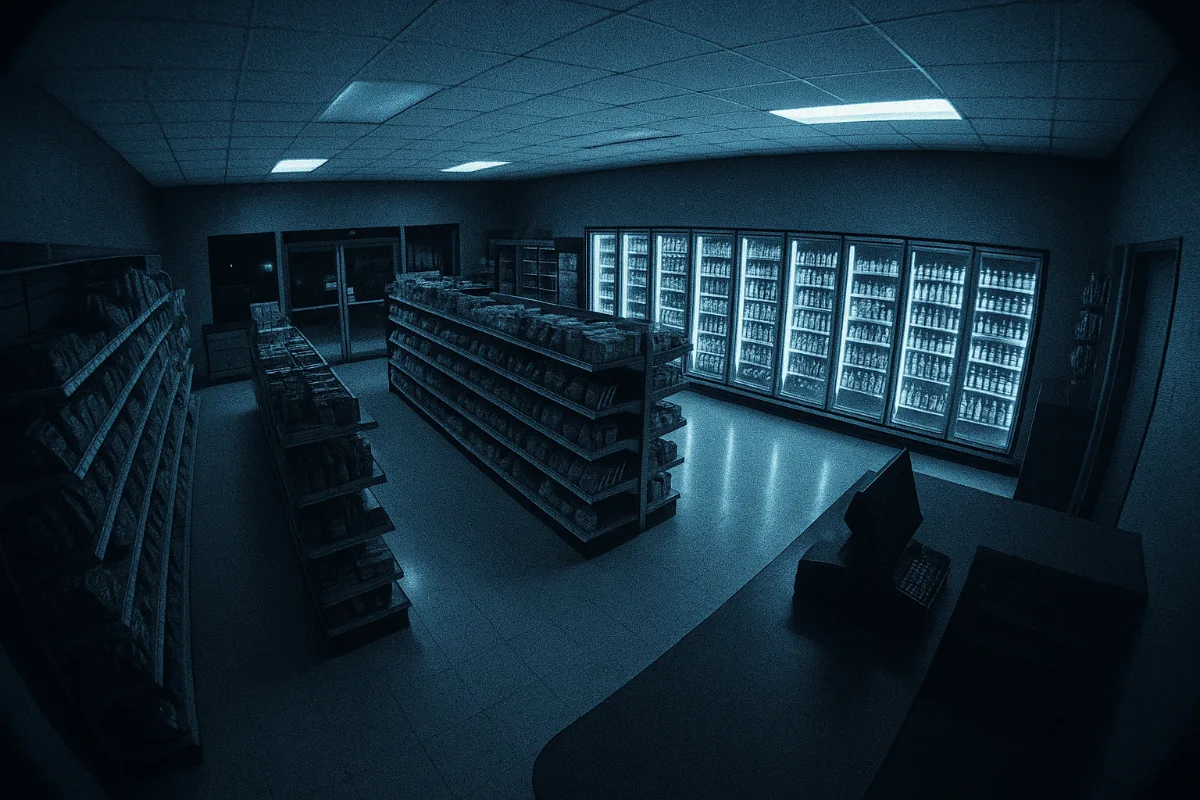 Nighttime security camera view of empty gas station convenience store interior