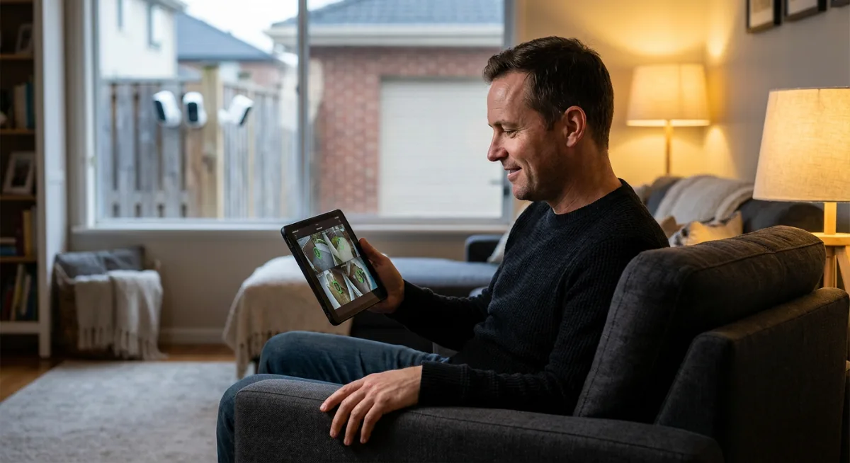Homeowner monitoring wireless security cameras with AI detection on tablet device