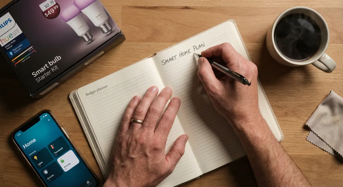 Hands writing smart home budget plan in notebook with affordable starter kit and smartphone app visible