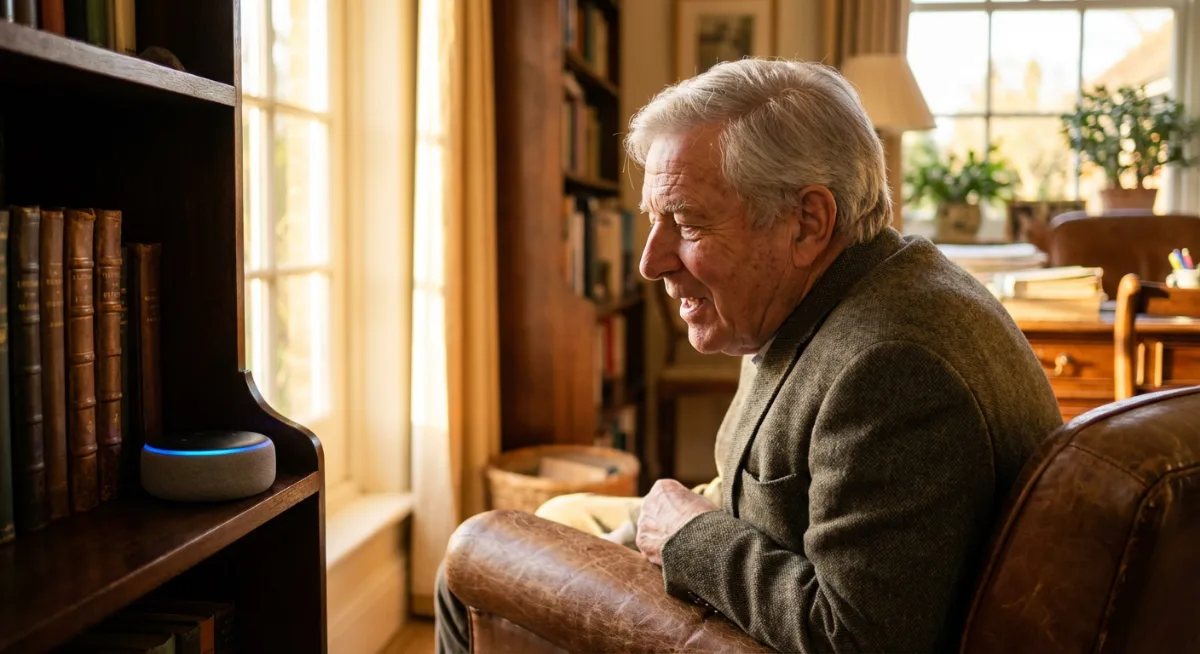 Elderly man speaking to Amazon Echo Dot with blue light activated in home study