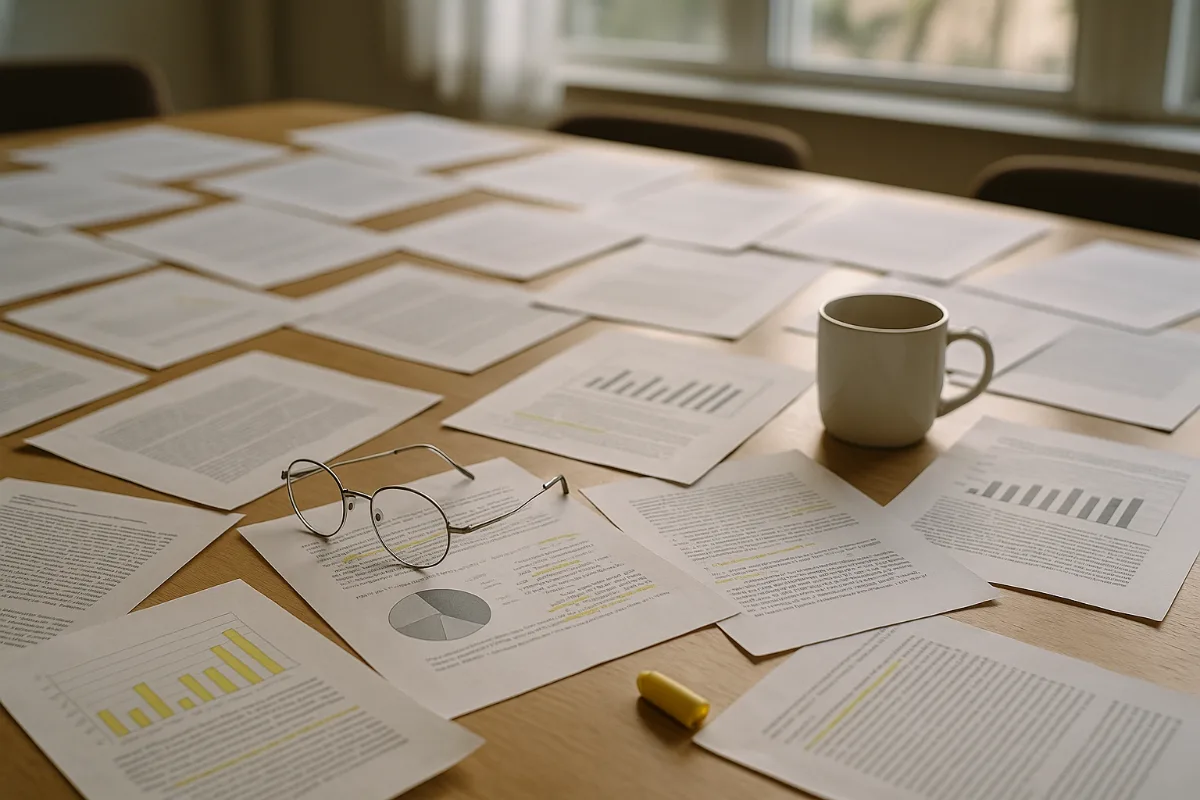 Research papers and crime statistics charts spread on table during academic study