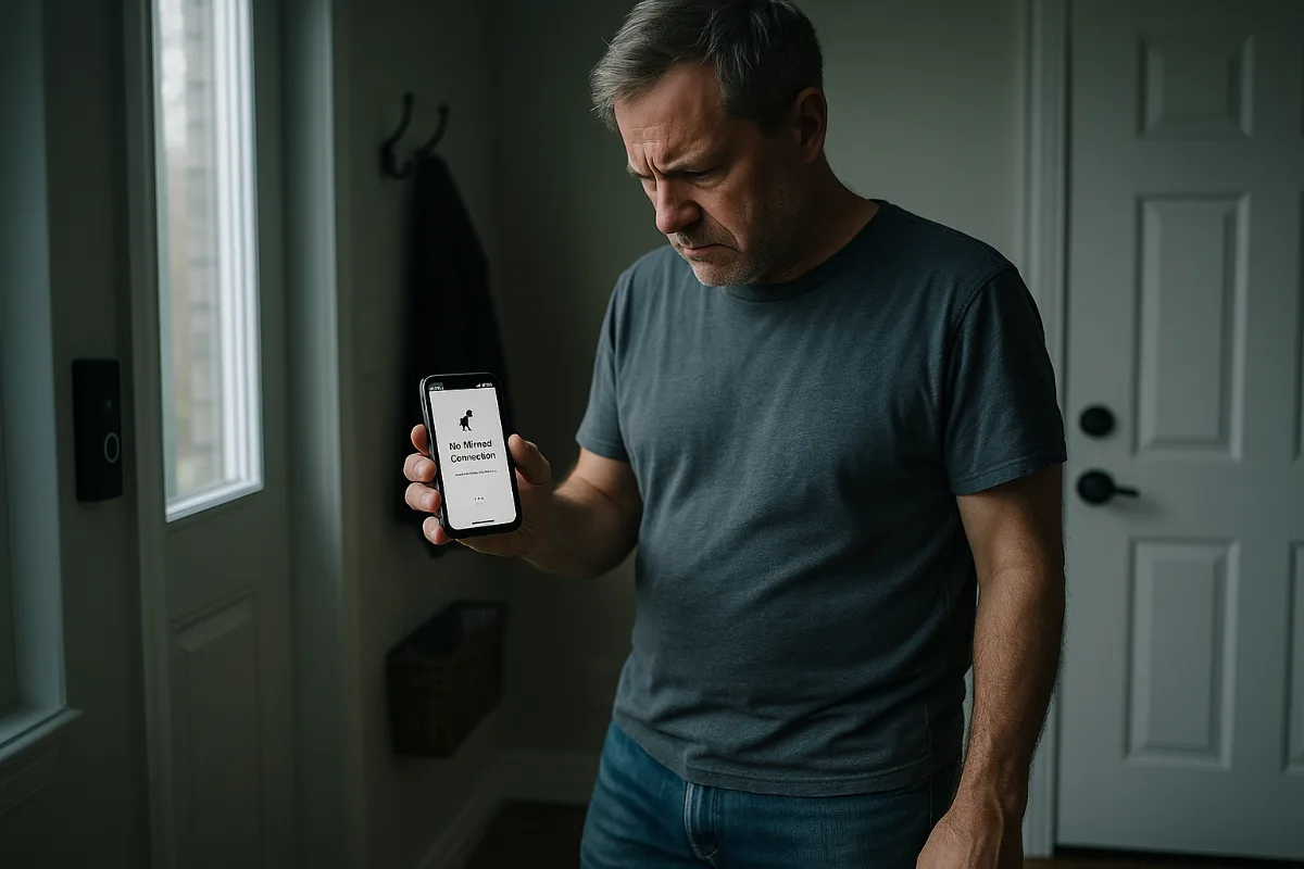 Person checking phone during WiFi outage with Ring doorbell in background