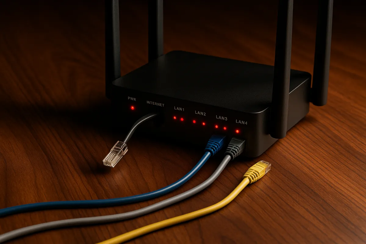 WiFi router with connection problems and unplugged cables on desk