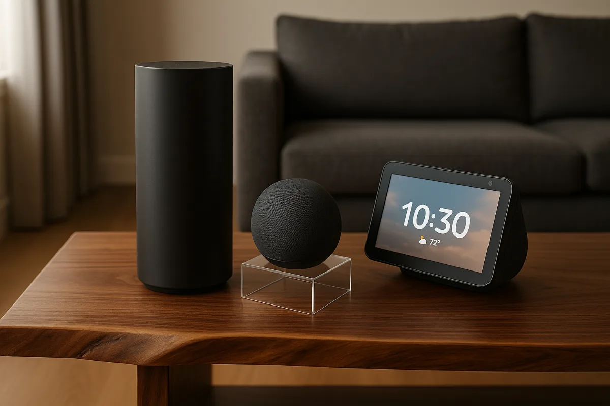 Multiple smart speakers of different brands and sizes displayed on modern living room console table