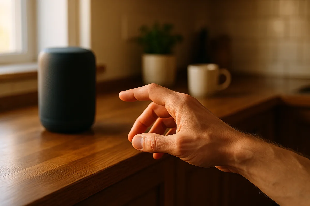 Person testing voice command range by reaching toward smart speaker across kitchen counter