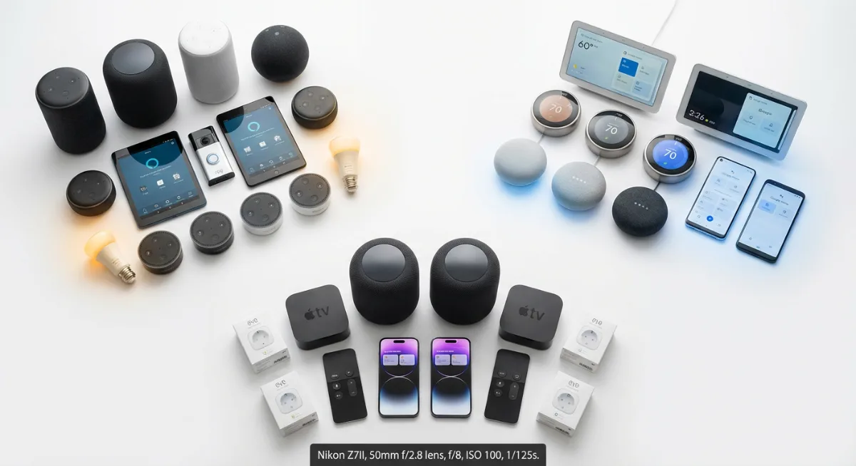 Flat lay comparison of smart speakers with their compatible smart home devices and control apps