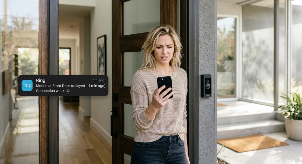 Homeowner checking delayed doorbell camera notification on smartphone at front door